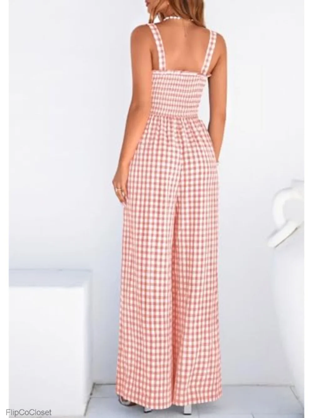 Womens Jumpsuit Summer Wide Leg Gingham Romper Square Neck Sleeveless Smocked